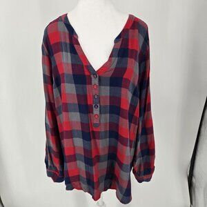 Modcloth Popover Top Button Front Plaid Top Blouse Red Blue Women's Size XL